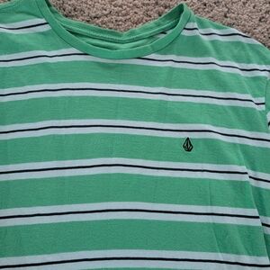 Volcom Green and White Striped Tee